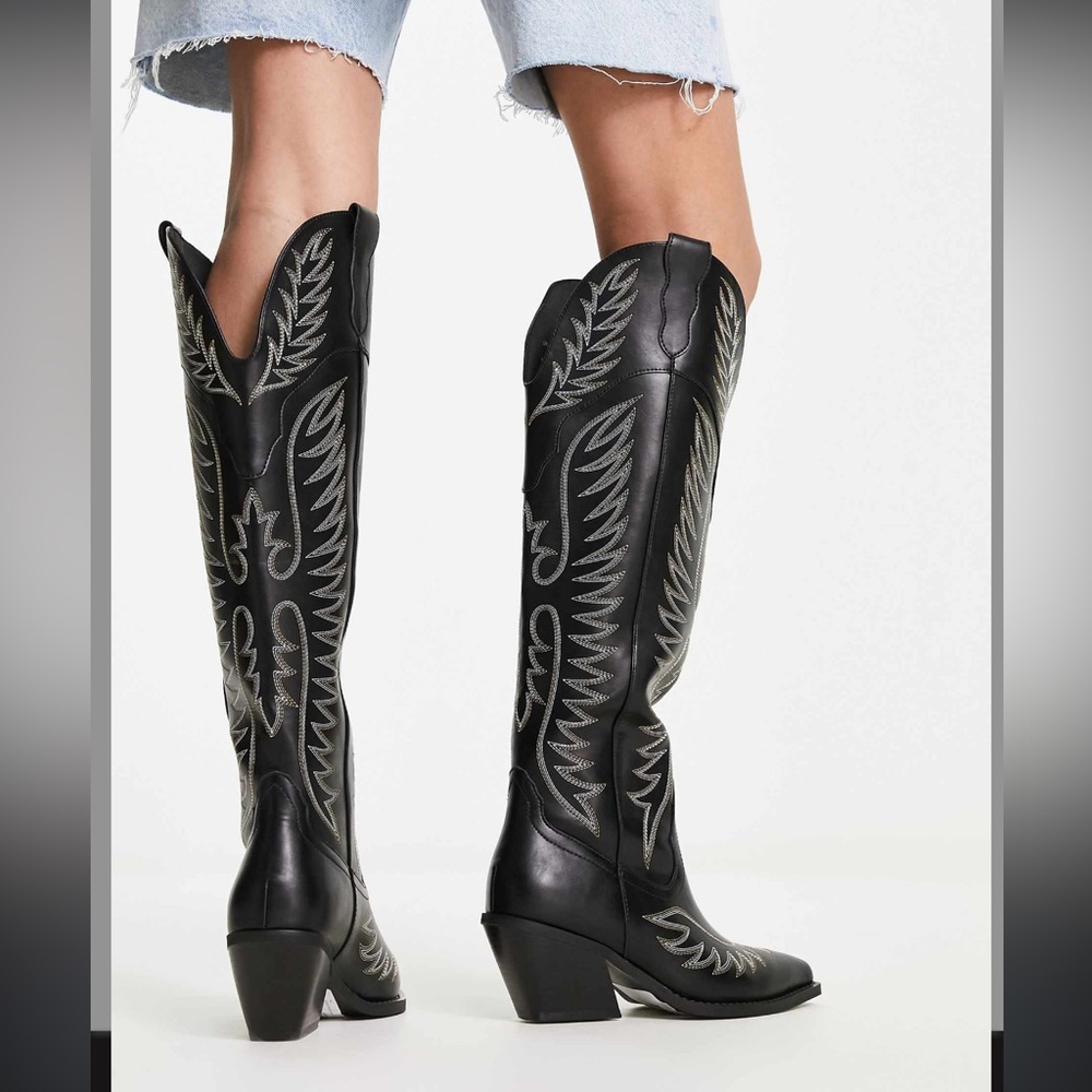ASOS DESIGN / Chester contrast stitch western knee boot / black - Picture 5 of 17